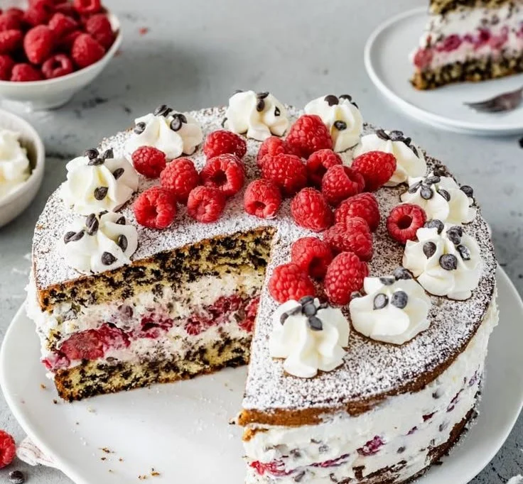 Ameisentorte mit Quark und Himbeeren auf einem Teller