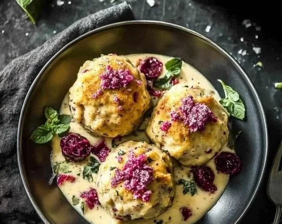 Brezenknödel serviert mit fruchtigem Rotkohl und Speck-Sahne-Sauce
