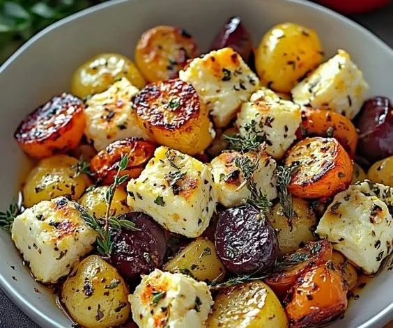 Feta-Kartoffeln-Ofengemüse auf einem Blech im Ofen gebacken