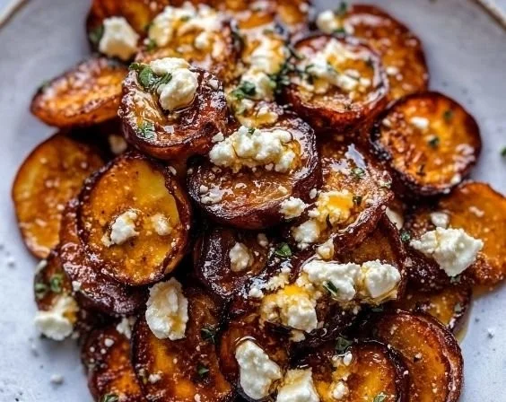 Gebratene Süßkartoffelscheiben mit Honig und Feta auf einem Teller