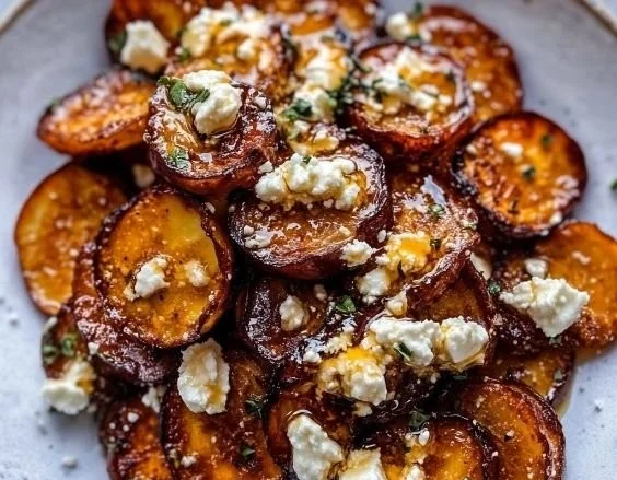 Gebratene Süßkartoffelscheiben mit Honig und Feta auf einem Teller serviert.