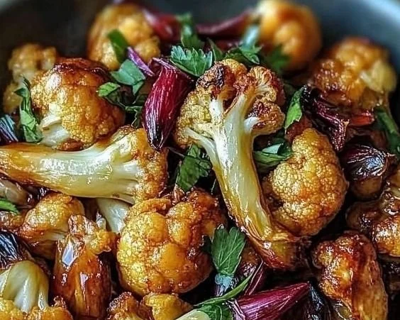 Gebratener Blumenkohl mit Honig-Curry auf einem Teller serviert.