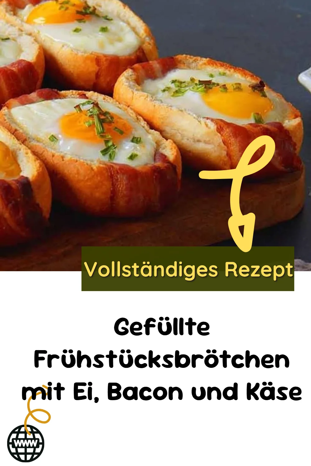 Gefüllte Frühstücksbrötchen mit Ei, Bacon und Käse