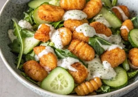 Gnocchi-Salat mit Joghurt-Dressing serviert auf einem Teller.