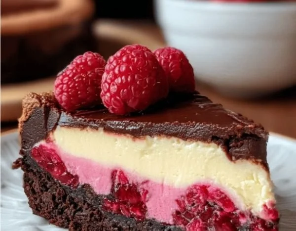 Leckeres Himbeer-Brownie-Cheesecake, ideal für besondere Anlässe.