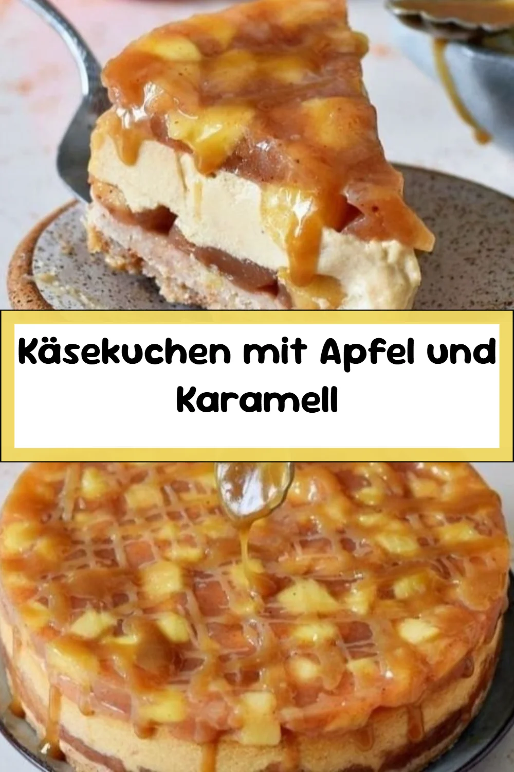 Käsekuchen mit Apfel und Karamell