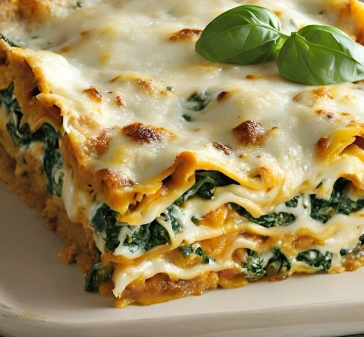 Kürbis-Spinat-Lasagne frisch aus dem Ofen, serviert in einer weißen Auflaufform.