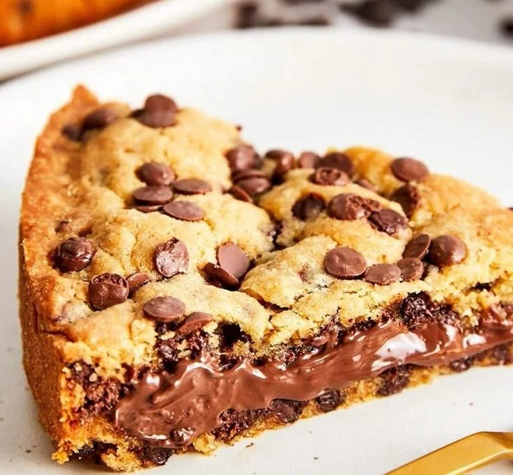 Leckere Nutella-Cookie-Kuchen auf einem Backblech, serviert mit Schokoladensauce.