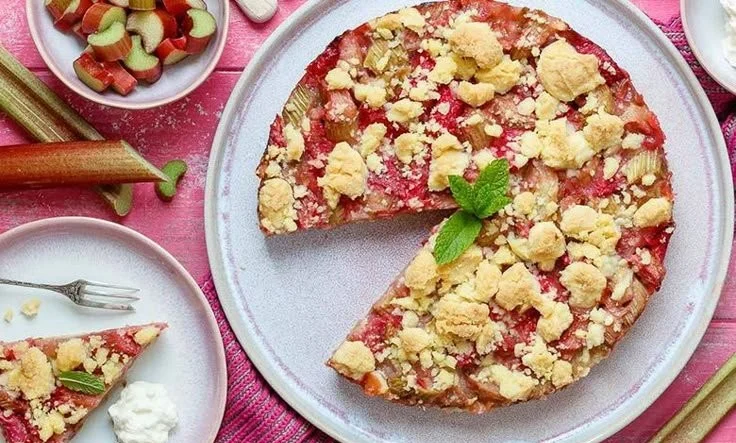 Rhabarberkuchen mit Streusel auf einem Teller, frisch gebacken