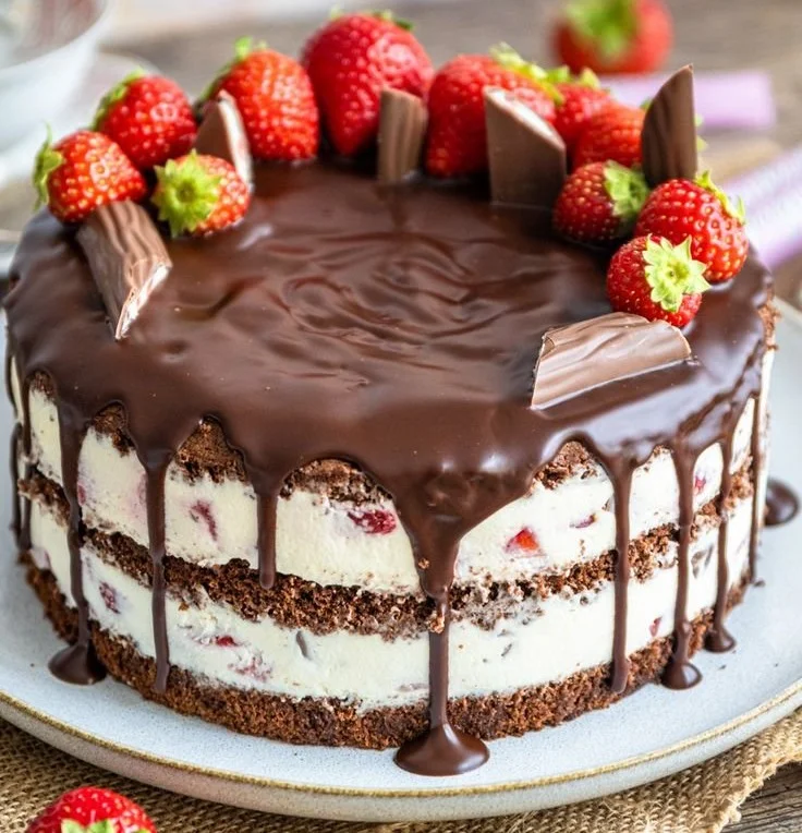 Yogurette Torte mit Mascarpone dekoriert und serviert auf einem Teller